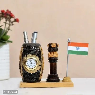 Craftam Wooden Color Pen Stand with Table Clock, Ashok Stambh  Flag for Child Desk, Office Use and Gifts
