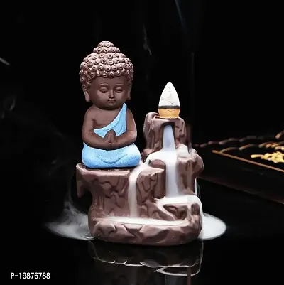 CRAFTAM Meditating Monk Buddha Smoke Backflow Fountain Cone Incense Holder Decorative Showpiece with Free 10 Smoke Backflow Scented Cone Incense (Blue)