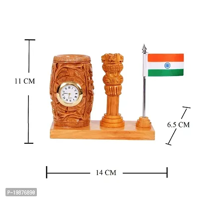 Craftam Nature Wooden Color Pen Stand with Table Clock, Ashok Stambh  Flag for Child Desk, Office Use and Gifts (14X6X11CM)-thumb4