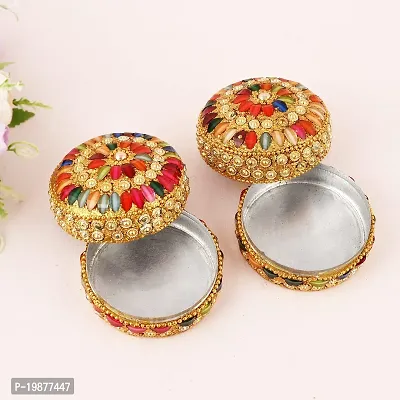 Craftam Aluminium Golden Jewellery Dibbi, Kumkum Box, Fancy Sindoor Dibbi, Vanity Box (Set of 2 Pcs)-thumb0