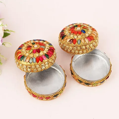 Craftam Aluminium Golden Jewellery Dibbi, Kumkum Box, Fancy Sindoor Dibbi, Vanity Box (Set of 4)