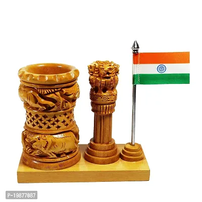 CRAFTAM Wooden Pen Stand Ashok Stambh  Flag for Child Desk, Office Use and Gifts-thumb3