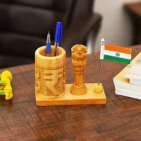 CRAFTAM Wooden Rupee Pen Stand, Ashok Pillar and Indian Flag for Office Use-thumb1