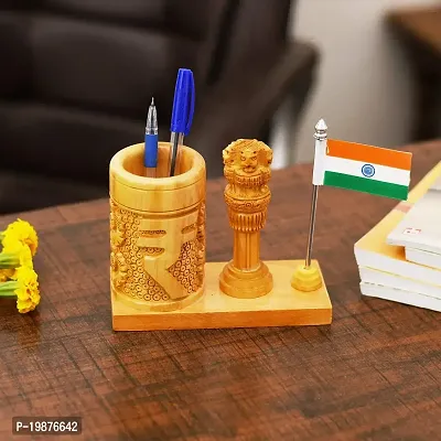 CRAFTAM Wooden Rupee Pen Stand, Ashok Pillar and Indian Flag for Office Use-thumb2