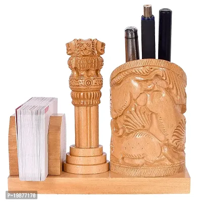 CRAFTAM Nature Wooden Pen Stand, Ashok Stambh And Visiting Card Holder for Child Desk, Office Use and Gifts-thumb4