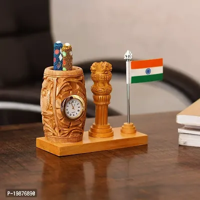 Craftam Nature Wooden Color Pen Stand with Table Clock, Ashok Stambh  Flag for Child Desk, Office Use and Gifts (14X6X11CM)-thumb2