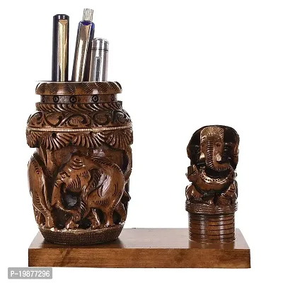 CRAFTAM Nature Wooden Pen Stand With Ganesha for Child Desk, Office Use and Gifts