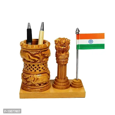 CRAFTAM Wooden Pen Stand Ashok Stambh  Flag for Child Desk, Office Use and Gifts