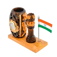 Craftam Wooden Color Pen Stand with Table Clock, Ashok Stambh  Flag for Child Desk, Office Use and Gifts-thumb2