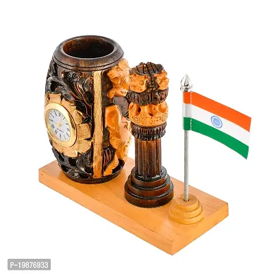 Craftam Wooden Color Pen Stand with Table Clock, Ashok Stambh  Flag for Child Desk, Office Use and Gifts-thumb3