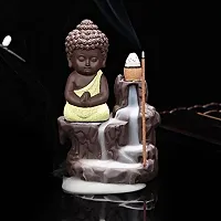 CRAFTAM Meditating Monk Buddha Smoke Backflow Fountain Cone Incense Holder Decorative Showpiece with Free 10 Smoke Backflow Scented Cone Incense (Yellow)-thumb1