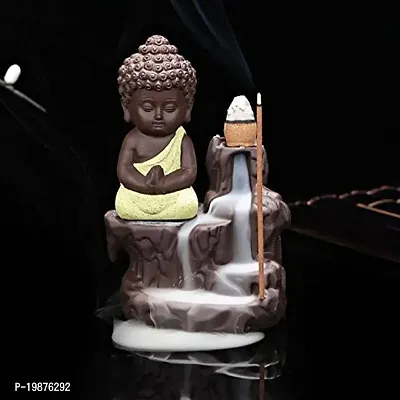 CRAFTAM Meditating Monk Buddha Smoke Backflow Fountain Cone Incense Holder Decorative Showpiece with Free 10 Smoke Backflow Scented Cone Incense (Yellow)-thumb2