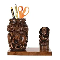 CRAFTAM Nature Wooden Pen Stand With Ganesha for Child Desk, Office Use and Gifts-thumb1