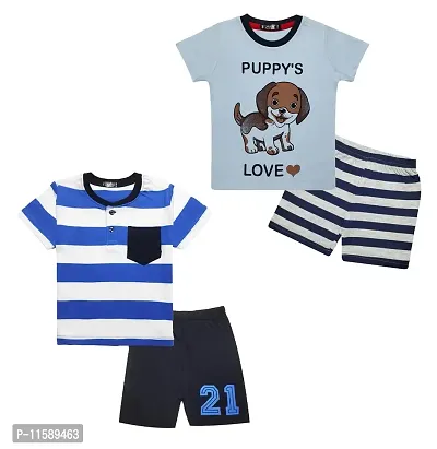 TARSIER Baby Boys Cotton T-shirt and shorts set ( 6-12 months ) [puppy-blue , stripes- blue ]