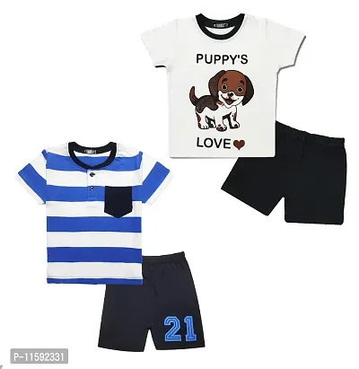 TARSIER Baby Boys Cotton T-shirt and shorts set ( 6-12 months ) [puppy-white , stripes- blue ]