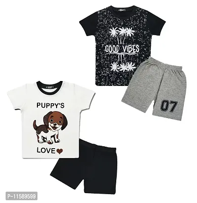 TARSIER Baby Boys Cotton T-shirt and shorts set ( 6-12 months ) [puppy-white ,vibe -black ]