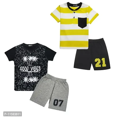 TARSIER Baby Boys Cotton T-shirt and shorts set ( 6-12 months ) [ vibe -black , stripes- yellow ]