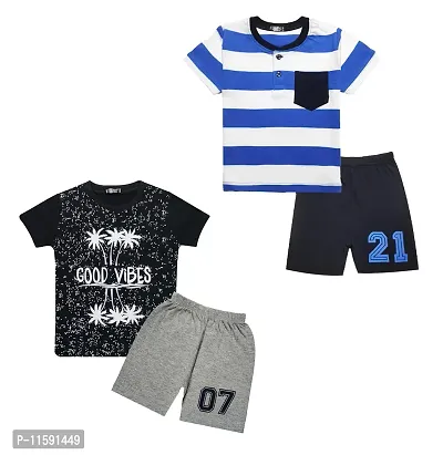 TARSIER Baby Boys Cotton T-shirt and shorts set ( 6-12 months) [ vibe -black , stripes-blue ]