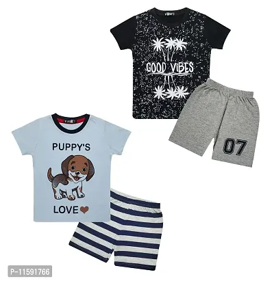 TARSIER Baby Boys Cotton T-shirt and shorts set ( 6-12 months ) [puppy-blue ,vibe -black ]