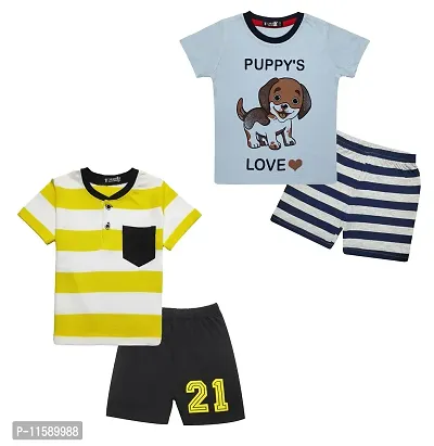 TARSIER Baby Boys Cotton T-shirt and shorts set ( 6- 12 months ) [puppy-blue , stripes- yellow ]