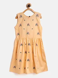 Stylish Cotton Beige Embroidered Frock For Girls-thumb1