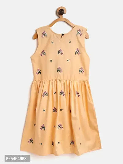 Stylish Cotton Beige Embroidered Frock For Girls-thumb2