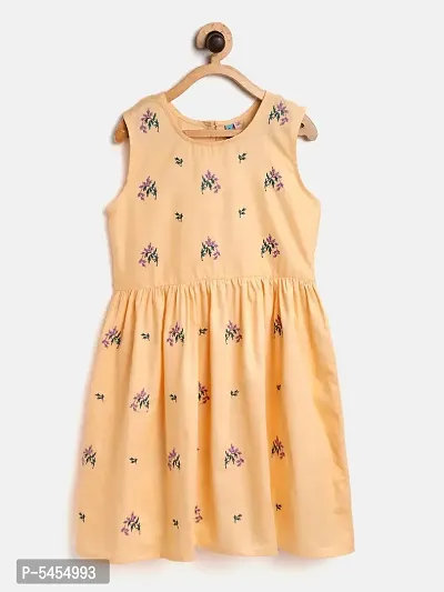 Stylish Cotton Beige Embroidered Frock For Girls-thumb0
