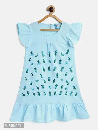 Stylish Cotton Turquoise Embroidered Frock For Girls
