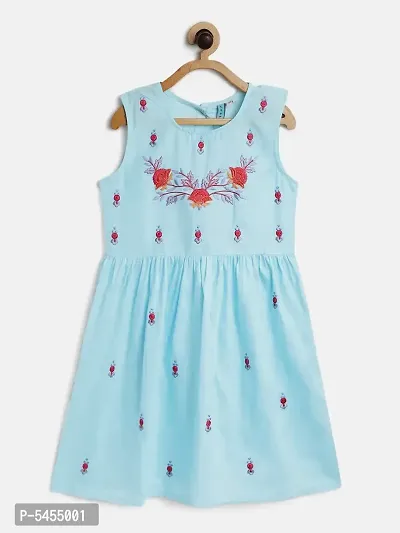 Stylish Cotton Blue Embroidered Frock For Girls-thumb0