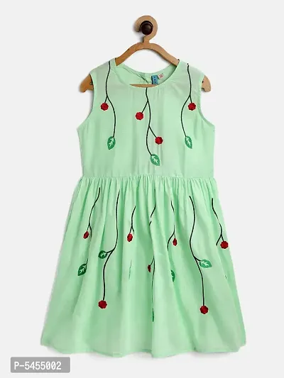 Stylish Cotton Green Embroidered Frock For Girls