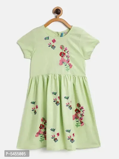 Stylish Cotton Green Embroidered Frock For Girls