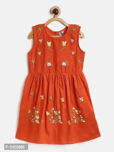 Stylish Cotton Orange Embroidered Frock For Girls