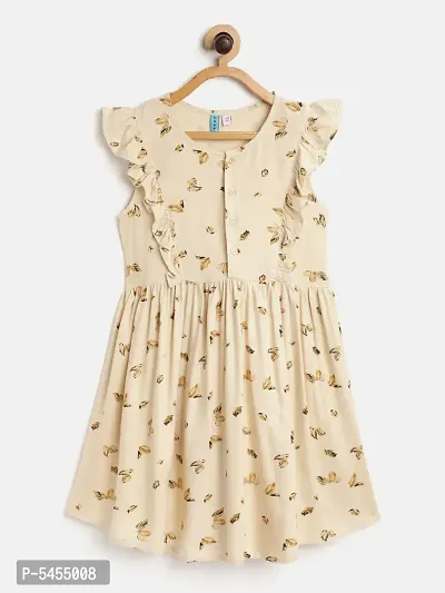 Stylish Rayon Beige Printed Frock For Girls