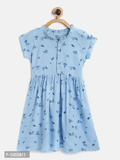 Stylish Rayon Blue Printed Frock For Girls-thumb0