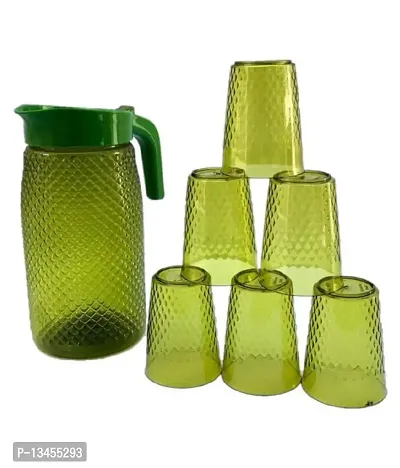 PLASTIC Water Jug GREEN 1.8 LTR with Serving Glass 200ml - 6 Pcs-thumb0