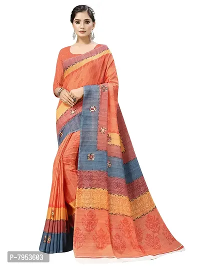 MISHRI COLLECTION Women's Saree Pure Cotton Fabric Orange Color Striped with Floral Digital Print Saree with Unstitched Blouse Piece (Orangecolored_Free Size 6.30 Mtr)