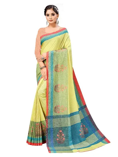 MISHRI COLLECTION Pure Fabric Color Striped with Floral Digital Saree with Unstitched Blouse Piece