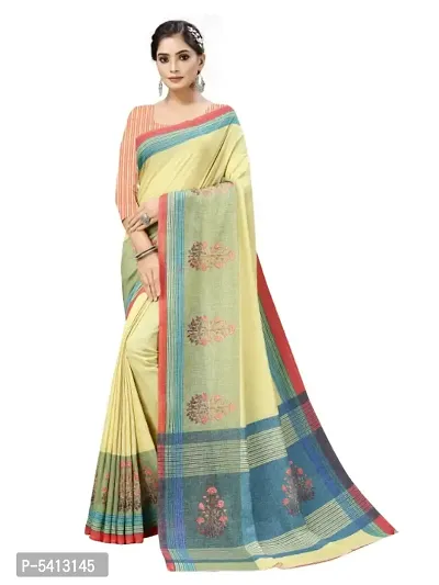 MISHRI COLLECTION Pure Cotton Fabric Yellow Color Striped with Floral Digital Printed Saree with Unstitched Blouse Piece-thumb0