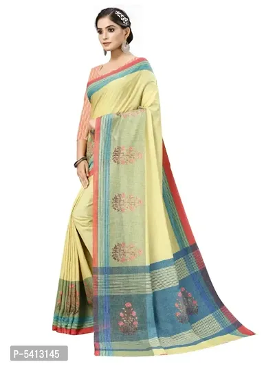 MISHRI COLLECTION Pure Cotton Fabric Yellow Color Striped with Floral Digital Printed Saree with Unstitched Blouse Piece-thumb3