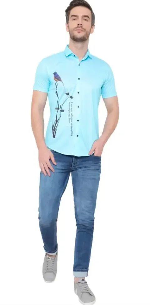Glittery Men's Spandex/Lycra Printed Half Sleeve Spread Collar Regular Fit Lightweight, Stretchable, Adjustable & Breathable Casual Shirts (DE-1032)