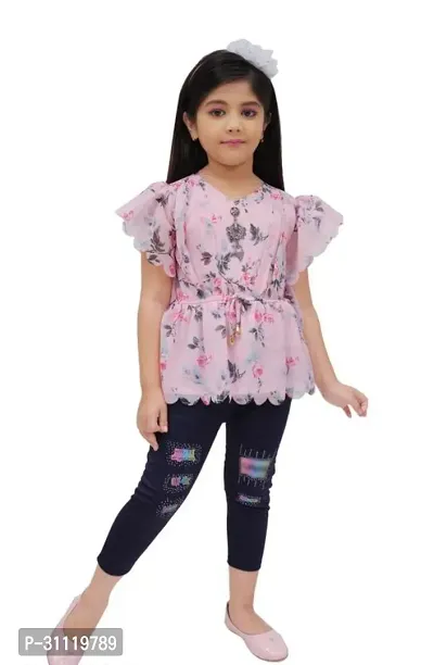 Beautiful Pink Cotton Blend Embellished Top With Bottom Set For Girls