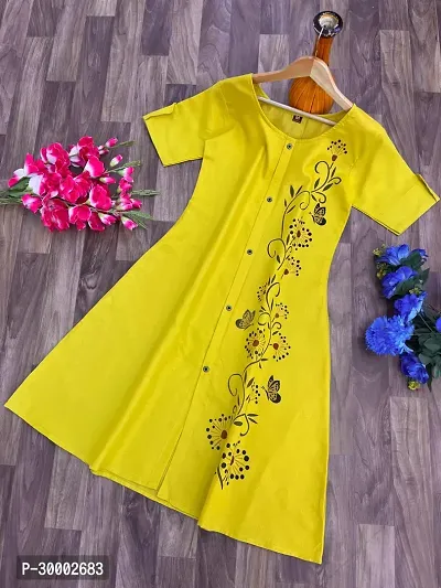 Stylish Yellow Printed Cotton Slub Kurta For Women