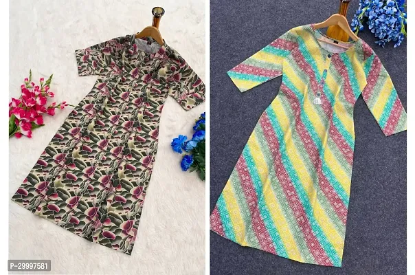 Stylish Multicoloured Printed Cotton Slub Kurta Pack Of 2-thumb0