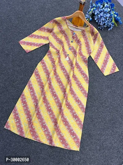 Stylish Yellow Printed Cotton Slub Kurta For Women-thumb0