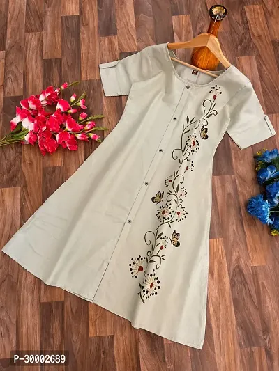 Stylish Beige Printed Cotton Slub Kurta For Women-thumb0