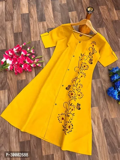 Stylish Yellow Printed Cotton Slub Kurta For Women-thumb0