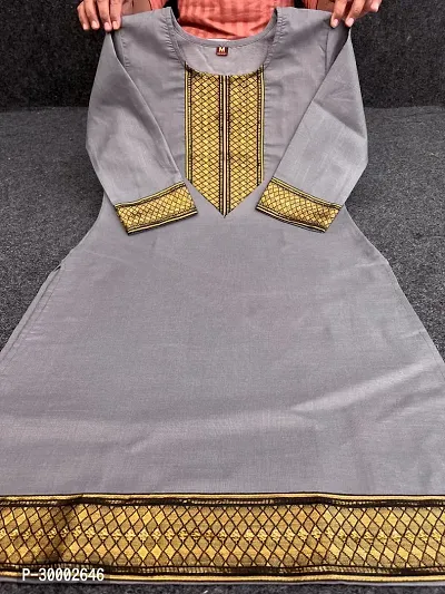 Stylish Grey Embroidered Cotton Slub Kurta For Women