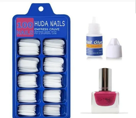 HUDA NAILS BEAUTY Nail Art Kit for Girls, 100Pcs Fake Nails with Artificial Nail Glue, 2 Way Usable Nail Dotting Pen and Long Lasting Nails Polish/Enamel