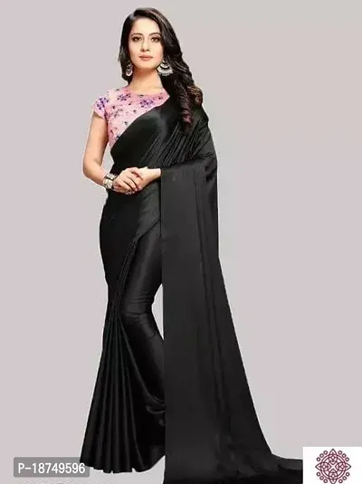 Stylish Satin Black Solid Saree With Blouse Piece For Women-thumb0