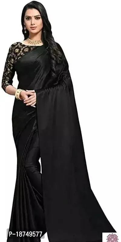 Stylish Satin Black Solid Saree With Blouse Piece For Women-thumb0